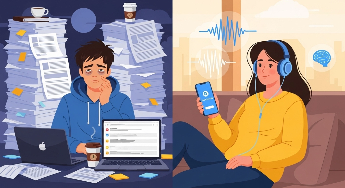 Student struggling with reading research papers vs listening with text-to-speech app — AI-powered learning transformation

